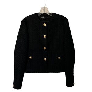 Zara Black Textured Cropped Blazer with Gold Accents